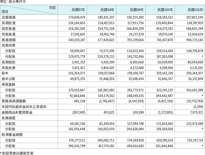 簡明資產表: 台積公司簡明資產負債表─民國九十七年至一○一年