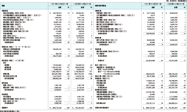 資產負債表: 民國一○一年及一○○年十二月三十一日